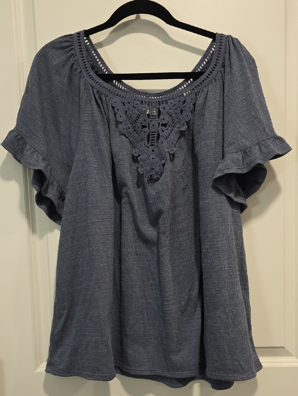 Max Studio Blue Crochet-Yoke Flutter Sleeve Top